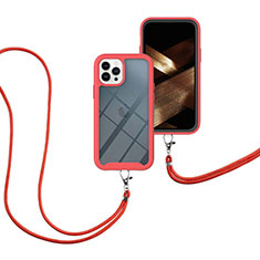 Coque Contour Silicone et Plastique Housse Etui Protection Integrale 360 Degres avec Laniere Strap pour Apple iPhone 13 Pro Max Rouge