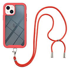 Coque Contour Silicone et Plastique Housse Etui Protection Integrale 360 Degres avec Laniere Strap pour Apple iPhone 15 Plus Rouge