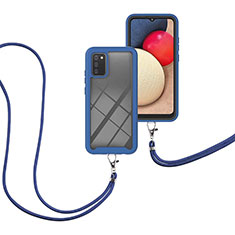 Coque Contour Silicone et Plastique Housse Etui Protection Integrale 360 Degres avec Laniere Strap pour Samsung Galaxy A03s Bleu