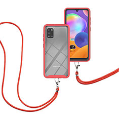 Coque Contour Silicone et Plastique Housse Etui Protection Integrale 360 Degres avec Laniere Strap pour Samsung Galaxy A31 Rouge