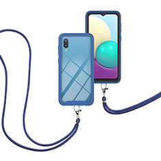 Coque Contour Silicone et Plastique Housse Etui Protection Integrale 360 Degres avec Laniere Strap pour Samsung Galaxy M02 Bleu