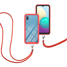 Coque Contour Silicone et Plastique Housse Etui Protection Integrale 360 Degres avec Laniere Strap pour Samsung Galaxy M02 Rouge