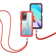 Coque Contour Silicone et Plastique Housse Etui Protection Integrale 360 Degres avec Laniere Strap pour Xiaomi Redmi 10 (2022) Rouge