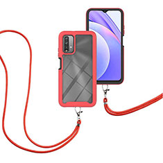 Coque Contour Silicone et Plastique Housse Etui Protection Integrale 360 Degres avec Laniere Strap pour Xiaomi Redmi 9T 4G Rouge