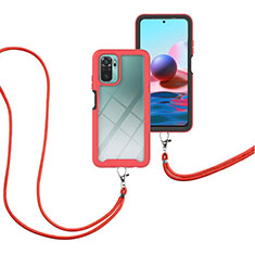 Coque Contour Silicone et Plastique Housse Etui Protection Integrale 360 Degres avec Laniere Strap pour Xiaomi Redmi Note 10 4G Rouge