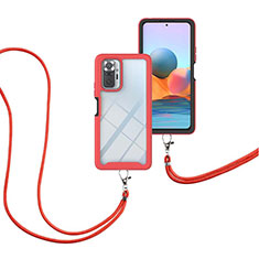 Coque Contour Silicone et Plastique Housse Etui Protection Integrale 360 Degres avec Laniere Strap pour Xiaomi Redmi Note 10 Pro 4G Rouge