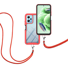 Coque Contour Silicone et Plastique Housse Etui Protection Integrale 360 Degres avec Laniere Strap pour Xiaomi Redmi Note 12 5G Rouge