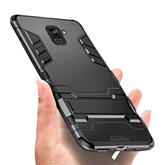 Coque Contour Silicone et Plastique Mat avec Support W01 pour Samsung Galaxy A8+ A8 Plus (2018) Duos A730F Noir