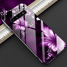 Coque Contour Silicone et Vitre Fleurs Miroir Etui Housse K01 pour Samsung Galaxy S10 Plus Violet