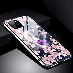 Coque Contour Silicone et Vitre Fleurs Miroir Etui Housse M01 pour Apple iPhone 11 Pro Violet