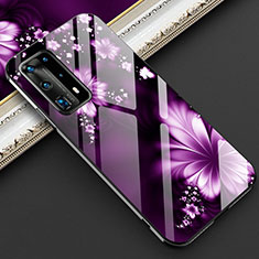 Coque Contour Silicone et Vitre Fleurs Miroir Etui Housse pour Huawei P40 Pro+ Plus Violet