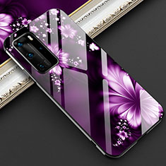 Coque Contour Silicone et Vitre Fleurs Miroir Etui Housse pour Huawei P40 Pro Violet