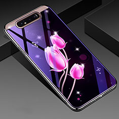 Coque Contour Silicone et Vitre Fleurs Miroir Etui Housse pour Samsung Galaxy A80 Rose Rouge