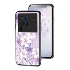 Coque Contour Silicone et Vitre Fleurs Miroir Etui Housse pour Vivo X80 Pro 5G Violet Clair