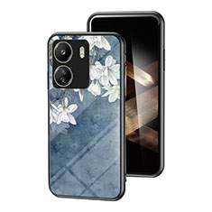 Coque Contour Silicone et Vitre Fleurs Miroir Etui Housse pour Xiaomi Redmi 13C Bleu