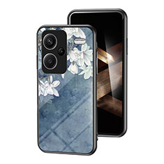 Coque Contour Silicone et Vitre Fleurs Miroir Etui Housse pour Xiaomi Redmi Note 13 Pro+ Plus 5G Bleu