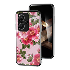 Coque Contour Silicone et Vitre Fleurs Miroir Etui Housse pour Xiaomi Redmi Note 13 Pro+ Plus 5G Rouge
