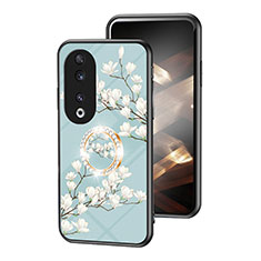Coque Contour Silicone et Vitre Fleurs Miroir Etui Housse S01 pour Huawei Honor 90 5G Cyan