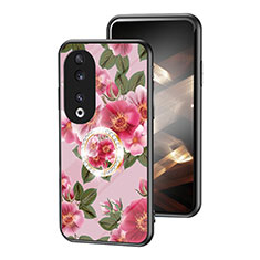 Coque Contour Silicone et Vitre Fleurs Miroir Etui Housse S01 pour Huawei Honor 90 5G Rouge