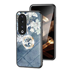 Coque Contour Silicone et Vitre Fleurs Miroir Etui Housse S01 pour Huawei Honor 90 Pro 5G Bleu