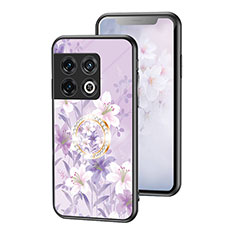 Coque Contour Silicone et Vitre Fleurs Miroir Etui Housse S01 pour OnePlus 10 Pro 5G Violet Clair