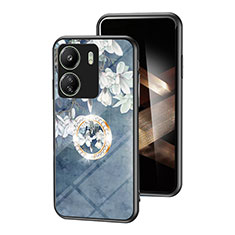 Coque Contour Silicone et Vitre Fleurs Miroir Etui Housse S01 pour Xiaomi Redmi 13C Bleu