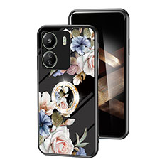 Coque Contour Silicone et Vitre Fleurs Miroir Etui Housse S01 pour Xiaomi Redmi 13C Noir