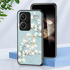 Coque Contour Silicone et Vitre Fleurs Miroir Etui Housse S01 pour Xiaomi Redmi Note 13 Pro+ Plus 5G Cyan