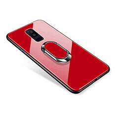 Coque Contour Silicone et Vitre Miroir Housse Etui avec Support Bague Anneau pour Samsung Galaxy A6 Plus Rouge
