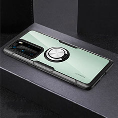 Coque Contour Silicone et Vitre Transparente Miroir 360 Degres avec Support Bague Anneau Aimante Magnetique pour Huawei P40 Pro Argent et Noir