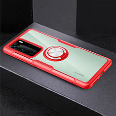 Coque Contour Silicone et Vitre Transparente Miroir 360 Degres avec Support Bague Anneau Aimante Magnetique pour Huawei P40 Pro Rouge