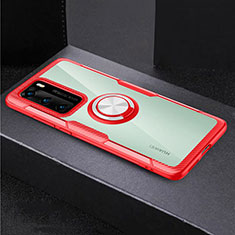 Coque Contour Silicone et Vitre Transparente Miroir 360 Degres avec Support Bague Anneau Aimante Magnetique pour Huawei P40 Rouge