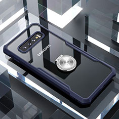 Coque Contour Silicone et Vitre Transparente Miroir 360 Degres avec Support Bague Anneau Aimante Magnetique pour Samsung Galaxy S10 Plus Bleu
