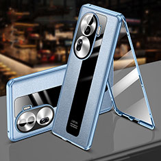 Coque Luxe Aluminum Metal et Cuir Housse Etui 360 Degres P02 pour Oppo Reno11 Pro 5G Bleu Ciel