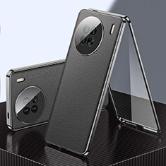 Coque Luxe Aluminum Metal et Cuir Housse Etui 360 Degres pour Vivo X90 Pro+ Plus 5G Noir