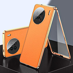Coque Luxe Aluminum Metal et Cuir Housse Etui 360 Degres pour Vivo X90 Pro+ Plus 5G Orange