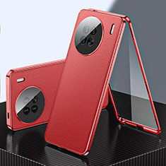 Coque Luxe Aluminum Metal et Cuir Housse Etui 360 Degres pour Vivo X90 Pro+ Plus 5G Rouge