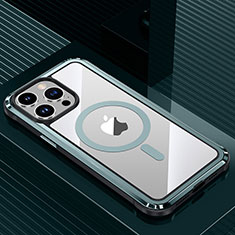 Coque Luxe Aluminum Metal Housse et Bumper Silicone Etui avec Mag-Safe Magnetic Magnetique QC1 pour Apple iPhone 13 Pro Cyan