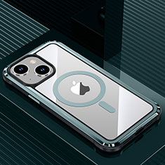 Coque Luxe Aluminum Metal Housse et Bumper Silicone Etui avec Mag-Safe Magnetic Magnetique QC1 pour Apple iPhone 14 Cyan