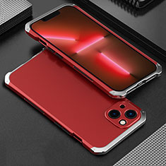Coque Luxe Aluminum Metal Housse Etui 360 Degres pour Apple iPhone 14 Argent et Rouge