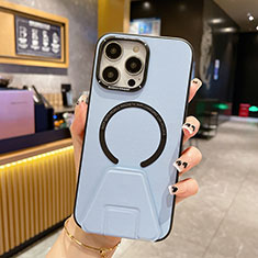 Coque Luxe Cuir Housse Etui avec Mag-Safe Magnetic Magnetique QC2 pour Apple iPhone 14 Pro Bleu Ciel