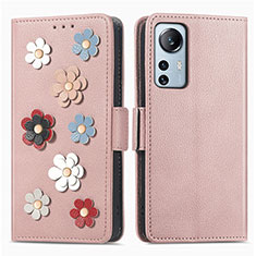 Coque Portefeuille Fleurs Livre Cuir Etui Clapet L01 pour Xiaomi Mi 12 5G Or Rose
