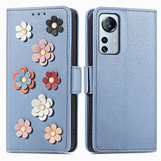 Coque Portefeuille Fleurs Livre Cuir Etui Clapet L01 pour Xiaomi Mi 12S 5G Bleu
