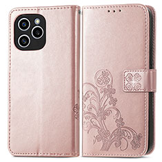 Coque Portefeuille Fleurs Livre Cuir Etui Clapet pour Huawei Honor 60 SE 5G Or Rose
