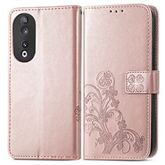 Coque Portefeuille Fleurs Livre Cuir Etui Clapet pour Huawei Honor 90 5G Or Rose