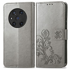Coque Portefeuille Fleurs Livre Cuir Etui Clapet pour Huawei Honor Magic3 5G Gris