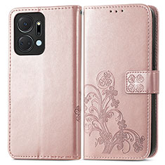 Coque Portefeuille Fleurs Livre Cuir Etui Clapet pour Huawei Honor X7a Or Rose