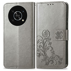Coque Portefeuille Fleurs Livre Cuir Etui Clapet pour Huawei Honor X9 5G Gris