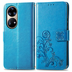 Coque Portefeuille Fleurs Livre Cuir Etui Clapet pour Huawei P50 Pro Bleu