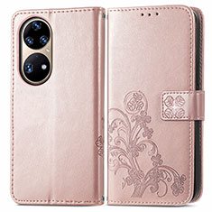 Coque Portefeuille Fleurs Livre Cuir Etui Clapet pour Huawei P50 Pro Rose